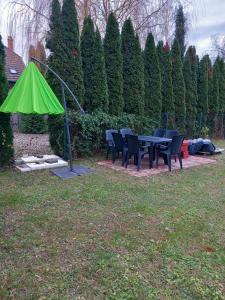 a green umbrella sitting next to a table and chairs at Középső szint in Zamárdi
