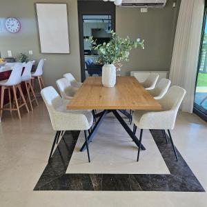 a dining room with a wooden table and chairs at Evia Palm Beach Villa in Politika