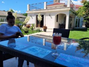a woman sitting at a table with a glass of wine at Vila Caviar in Sulina