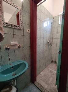 a bathroom with a green sink and a shower at Prenoćište BORIK in Sanski most
