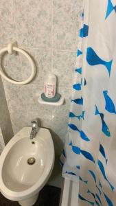 a bathroom with a sink and a shower curtain at EJ Station Corner in Verona