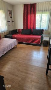 a living room with a bed and a red couch at Casa din Dâmb in Breb