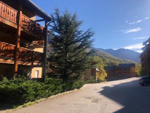 un edificio con un árbol al lado de una carretera en T2 tout confort Ax les thermes, en Ax-les-Thermes