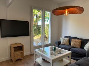 a living room with a couch and a tv at Villa EtcheOna in Soorts-Hossegor