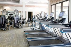 ein Fitnessstudio mit Reihen von Laufbändern und Crosstrainern in der Unterkunft 928 Cutter Court at The Sea Pines Resort in Hilton Head Island