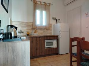 una cucina con frigorifero bianco e forno a microonde di Oliveland Apartments a Kávos