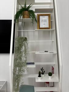 a white book shelf with potted plants and a picture at Santa Caterina Apartment in Varazze
