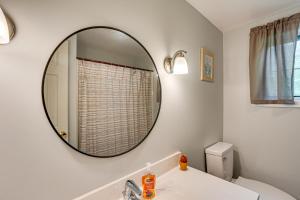 Un baño con espejo sobre el lavabo y un inodoro. en Honey Bee Farm On-Site Susquehanna Valley Apt!, en Dalmatia