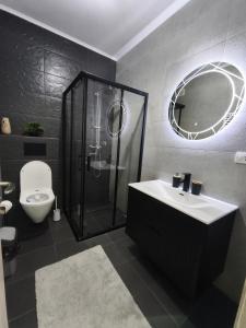 a bathroom with a shower and a sink and a toilet at 11IunieResidence in Târgu Jiu