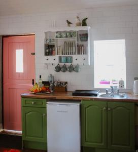 a kitchen with green cabinets and a pink door at Lime cottage in Kilrush +20 photos