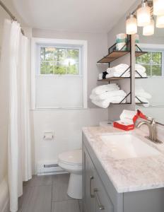 a bathroom with a sink and a toilet and a window at Cape Cod Cottage by Leavetown Vacations in Dennis Port +23 photos