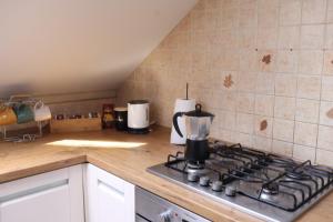 a kitchen with a stove top oven in a kitchen at Apartament na poddaszu in Sandomierz