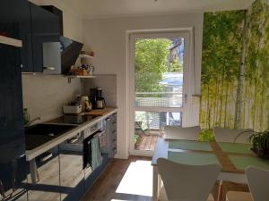 a kitchen with a sink and a table and a window at Ferienwohnung Central in Rostock