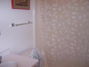a bathroom with a shower curtain and a toilet at Rolling road 3 in Rehoboth Beach
