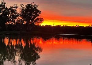 ein Sonnenuntergang über einem Gewässer mit Bäumen in der Unterkunft Riverview Cabin in Robinvale 