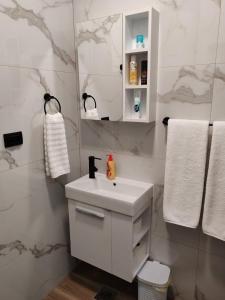 a white bathroom with a sink and a mirror at Studio 23 in Banja Luka +24 photos