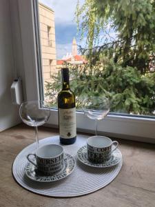 a bottle of wine and two cups on a table at Studio 23 in Banja Luka