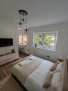 a bedroom with a large bed and two windows at Studio 23 in Banja Luka