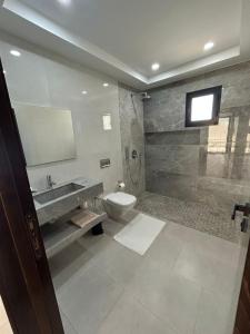 a bathroom with a toilet and a sink and a shower at Villa Djerba 6 personnes in Arkou