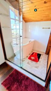 a bathroom with a glass shower and a bath tub at Mouton Blanc Campos do Jordão in Campos do Jordão