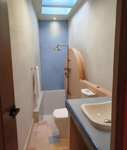 a bathroom with a white toilet and a sink at Wotoch Azul in Mérida +23 photos