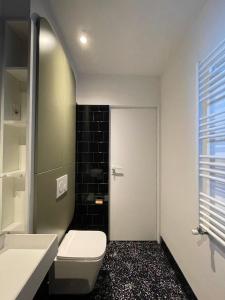 a bathroom with a toilet and a sink and a window at NUC living - Apartment 01 in Suceava +9 photos