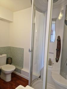 Un baño con inodoro y ducha de cristal. en Appartement hyper centre ville proche de la gare, en Toulouse 6 fotos más