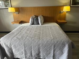 Un dormitorio con una cama grande con un edredón blanco. en Go2 Inn & Suites By Relianse - San Antonio, TX, en San Antonio