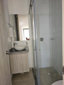Un baño con lavabo y ducha de cristal. en Cozy Apt In The Coffee Region, en Armenia