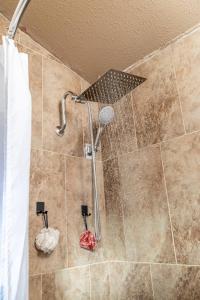 eine Dusche mit Duschkopf in einem Badezimmer in der Unterkunft Super Cute! Hot Tub, Fully Stocked, Great Location in Glade