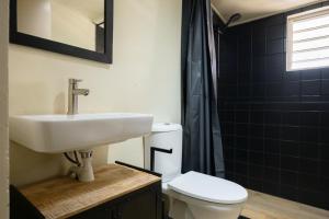 ein Badezimmer mit Waschbecken, Toilette und Dusche in der Unterkunft Aki Banda Suites in Willemstad