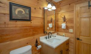 a bathroom with a sink and a toilet and a mirror at Homestead Hideaway in Sevierville +44 photos