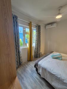 um quarto com uma cama e uma janela em Colibri Beach Villas em Trou dʼ Eau Douce