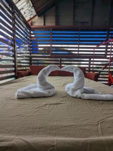 zwei Schwäne aus Handtüchern auf einem Bett in der Unterkunft Alojamiento el Mirador in Tapantí