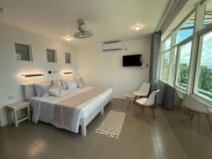 a bedroom with a bed and a tv and windows at Sky Pavilion in Kandy