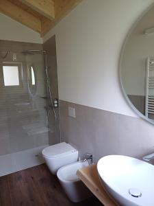 a bathroom with a toilet and a sink and a mirror at Fiemme in Vista in Ziano di Fiemme +18 photos