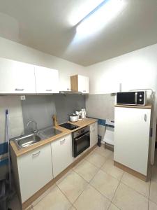 a small kitchen with a sink and a microwave at Charmant bas de villa partagé in Les Abymes