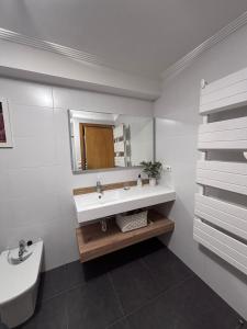 a white bathroom with a sink and a mirror at Completo apartamento a un paso de La Concha in Donostia-San Sebastián