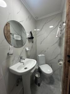 a bathroom with a sink and a toilet and a mirror at Belon Garden Hotel in Prigorodnyy