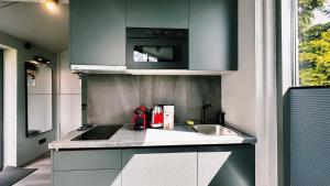 a kitchen with a sink and a microwave at Piekrastes 20 River View House in Jūrmala +5 photos