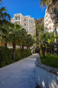 a sidewalk in front of a building with palm trees at Hotel Mille Amici in Shëngjin