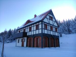 Obiekt Izerski Horyzont - dom z balią w leśnej perspektywie zimą