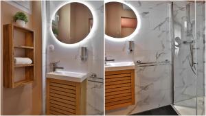 two pictures of a bathroom with a shower and a sink at Le Chic & Raffiné - Terrasse & Climatisé in Périgueux +23 photos