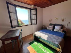 a bedroom with a bed and a desk and a window at U Magazinu in Pino