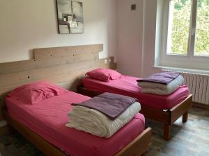 two beds in a room with pink and purple sheets at Le Gîte d'Orion in La Bresse