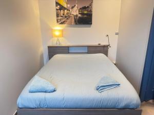 a bedroom with a bed with blue sheets and a lamp at appart Filaterie Annecy in Annecy