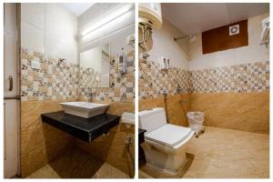 two pictures of a bathroom with a toilet and a sink at The nature inn unit of MM hospitality in Manāli +26 photos