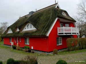 ein rotes Haus mit einem Strohdach in der Unterkunft Landhaus Uhlenhof 4 in Groß Zicker