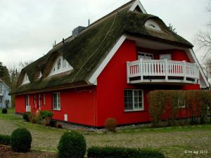 ein rotes Haus mit einem Strohdach in der Unterkunft Landhaus Uhlenhof 4 in Groß Zicker