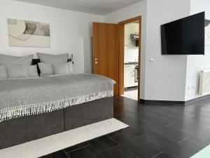 a bedroom with a bed and a flat screen tv at Fully equipped apartment, newly renovated in Winnenden